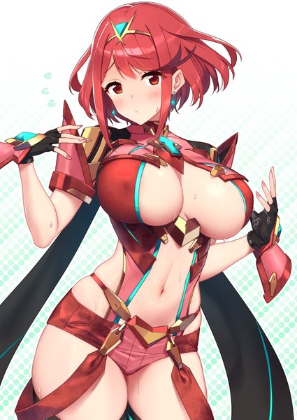 Anime picture 2507x3541 with xenoblade xenoblade 2 pyra (xenoblade) baffu single tall image looking at viewer blush fringe highres short hair breasts light erotic simple background hair between eyes red eyes large breasts standing payot red hair