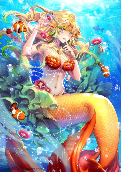 Anime picture 600x850 with original riiya (mabong1989) single long hair tall image blush fringe breasts open mouth light erotic blonde hair hair between eyes red eyes large breasts bare shoulders signed cleavage multicolored hair arm up sunlight