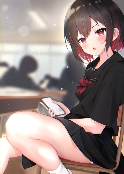 Anime picture 2591x3624 with original kazanock tall image looking at viewer blush fringe highres short hair open mouth light erotic black hair hair between eyes red eyes holding red hair indoors multicolored hair two-tone hair :o short sleeves