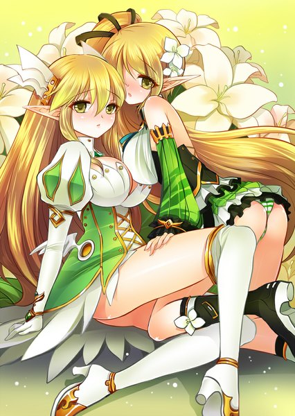 Anime picture 710x1000 with elsword rena erindel kokutou mimi long hair tall image looking at viewer blush breasts light erotic blonde hair large breasts multiple girls yellow eyes cleavage ass ponytail hair flower pointy ears embarrassed side ponytail