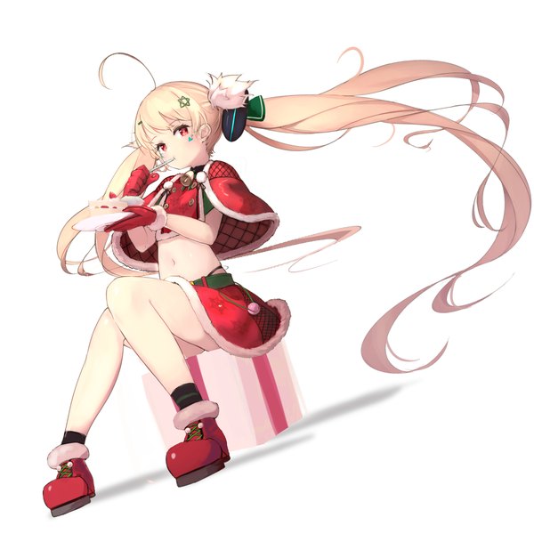 Anime picture 1820x1820 with azur lane eldridge (azur lane) eldridge (holy night's embrace) (azur lane) lumo 1121 single looking at viewer highres simple background blonde hair red eyes white background sitting full body ahoge very long hair midriff christmas eating girl skirt