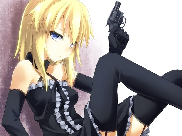 Anime picture 1600x1200 with yuuki eishi blue eyes blonde hair girl thighhighs gloves weapon black thighhighs elbow gloves gun