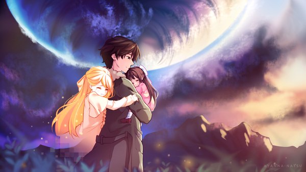 Anime picture 3840x2160 with shelter (music video) rin (shelter) shigeru (shelter) hyanna-natsu long hair highres short hair blonde hair brown hair wide image standing multiple girls holding signed absurdres eyes closed hug tears looking down mountain