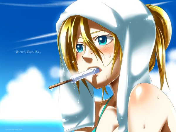 Anime picture 1200x900 with original caffein blush blue eyes blonde hair ponytail sweat mouth hold summer towel popsicle