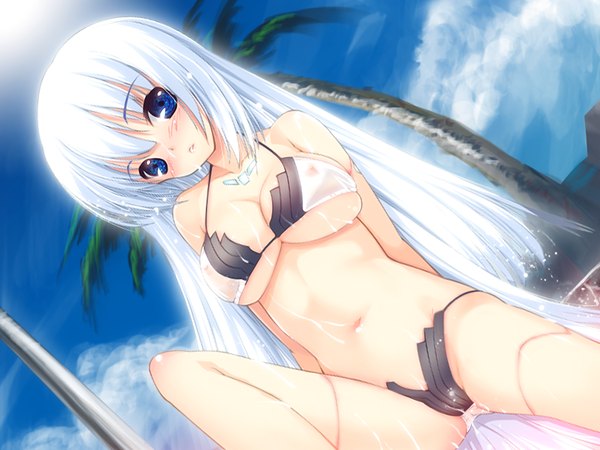Anime picture 1024x768 with elle prier (game) rafale nana blush blue eyes light erotic game cg white hair very long hair girl swimsuit bikini