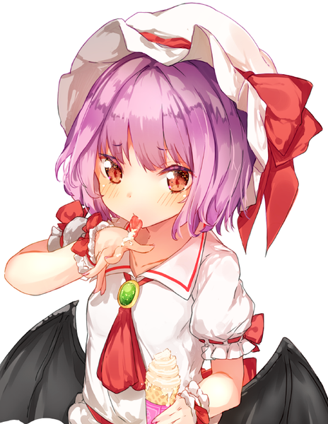 Anime picture 619x800 with touhou remilia scarlet yukizumi remon single tall image looking at viewer blush fringe simple background white background holding purple hair upper body arm up short sleeves puffy sleeves bat wings licking girl hat