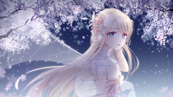 Anime picture 1920x1080 with miracle nikki karen (navy 42) single long hair looking at viewer blush fringe highres blue eyes blonde hair wide image standing bare shoulders upper body parted lips wind night cherry blossoms symbol-shaped pupils arm behind head