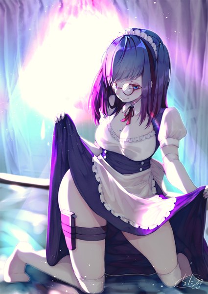 Anime picture 1417x2000 with original chita (ketchup) single long hair tall image looking at viewer fringe breasts blue eyes light erotic smile large breasts signed cleavage purple hair full body bent knee (knees) mole short sleeves maid