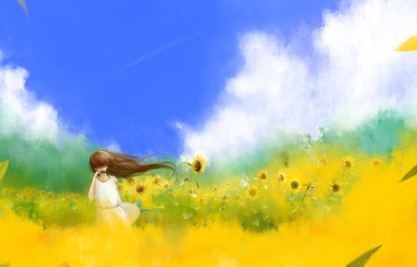 Anime picture 1200x768 with original sati (sati1111) single long hair brown hair sky cloud (clouds) hair over eyes field girl dress white dress sunflower