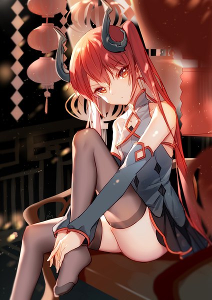 Anime picture 800x1131 with idollers bison cangshu single long hair tall image looking at viewer light erotic red eyes sitting twintails bare shoulders red hair head tilt horn (horns) no shoes shiny skin girl thighhighs black thighhighs detached sleeves