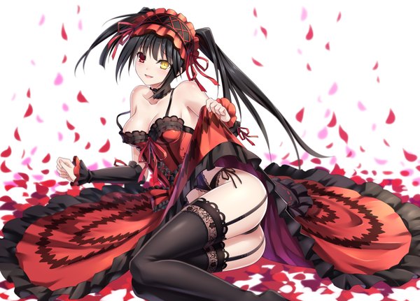 Anime picture 3779x2716 with date a live tokisaki kurumi silence single long hair looking at viewer blush highres light erotic black hair smile twintails absurdres ass heterochromia girl dress underwear panties petals