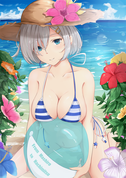 Anime picture 1062x1500 with kantai collection hamakaze destroyer hoshimiya mashiro single tall image looking at viewer blush fringe short hair breasts blue eyes light erotic hair between eyes large breasts sitting bare shoulders sky cleavage silver hair cloud (clouds)