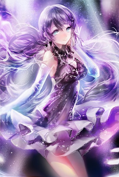 Anime picture 800x1187 with love live! school idol project sunrise (studio) love live! toujou nozomi juexing (moemoe3345) single long hair tall image looking at viewer blush purple hair ponytail aqua eyes light girl dress gloves earrings elbow gloves frills