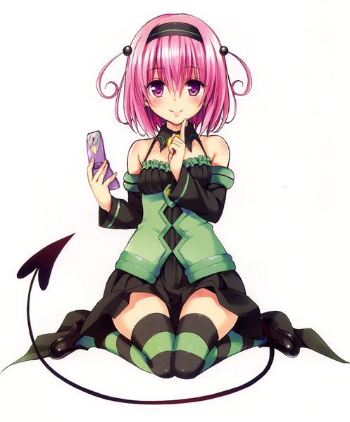 Anime picture 1925x2322 with toloveru toloveru darkness xebec momo velia deviluke yabuki kentarou single tall image looking at viewer blush highres short hair smile sitting purple eyes pink hair tail scan official art wariza demon tail