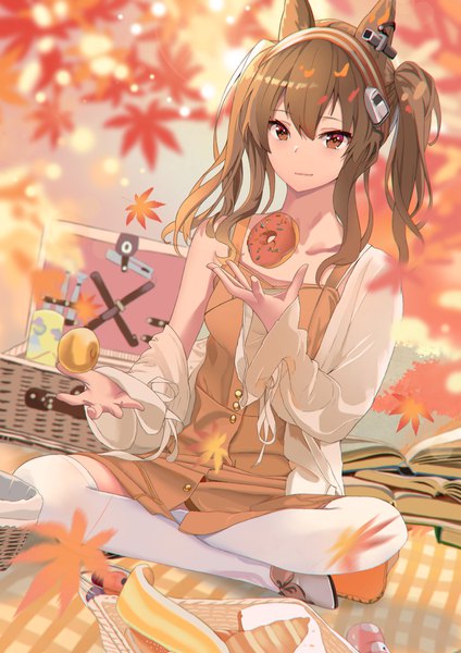 Anime picture 3720x5262 with arknights angelina (arknights) auguste single long hair tall image fringe highres hair between eyes brown hair sitting twintails brown eyes animal ears looking away absurdres alternate costume autumn indian style picnic