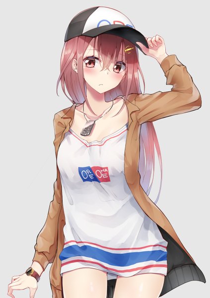 Anime-Bild 1062x1505 mit original piripun single long hair tall image looking at viewer blush fringe simple background hair between eyes red eyes standing red hair long sleeves head tilt arm up grey background open clothes clothes writing adjusting hat