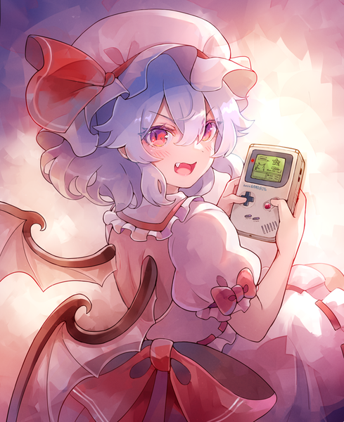 Anime picture 700x859 with pokemon touhou pokemon (game) pokemon rgby nintendo remilia scarlet pikachu staryu 60mai single tall image looking at viewer blush fringe short hair open mouth smile hair between eyes red eyes standing