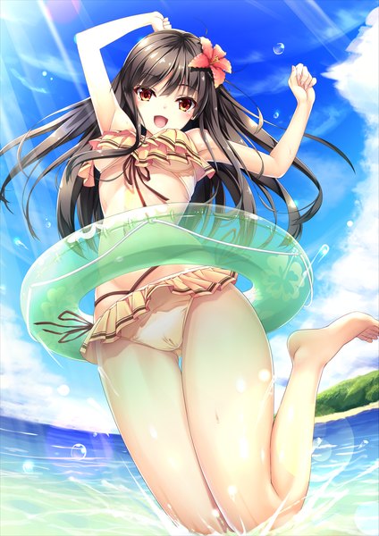 Anime picture 1500x2121 with original moeki yuuta single long hair tall image blush breasts open mouth light erotic black hair brown eyes sky cloud (clouds) girl swimsuit bikini swim ring bikini skirt