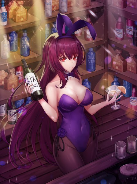 Anime picture 2327x3117 with fate (series) fate/grand order scathach (fate) (all) scathach (fate) twit eg0 single long hair tall image looking at viewer blush fringe highres breasts light erotic smile red eyes large breasts standing bare shoulders holding