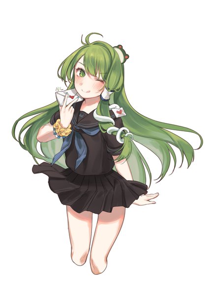Anime picture 1748x2480 with touhou kochiya sanae shan single long hair tall image looking at viewer highres simple background smile white background holding green eyes ahoge pleated skirt one eye closed green hair short sleeves alternate costume :q