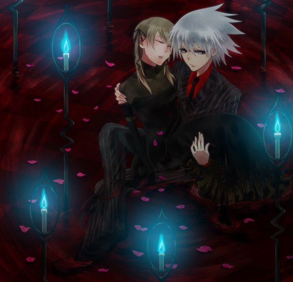 Anime picture 1400x1350 with soul eater studio bones maka albarn soul eater evans long hair short hair blonde hair red eyes braid (braids) eyes closed grey hair tears twin braids spiked hair girl dress boy petals necktie suit