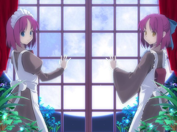 Anime picture 1280x960 with shingetsutan tsukihime type-moon kohaku (tsukihime) hisui (tsukihime) maid half updo siblings twins jpeg artifacts wa maid flower (flowers) ribbon (ribbons) window leaf (leaves) apron