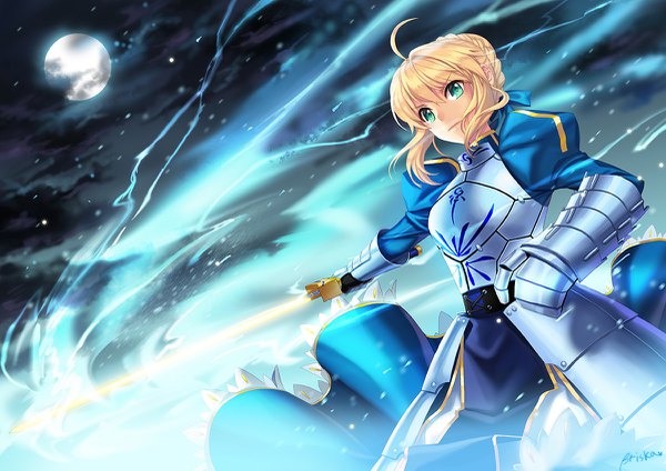 Anime-Bild 1200x849 mit fate (series) fate/stay night artoria pendragon (all) saber briska single looking at viewer fringe short hair blonde hair hair between eyes signed payot ahoge aqua eyes outstretched arm girl weapon sword armor