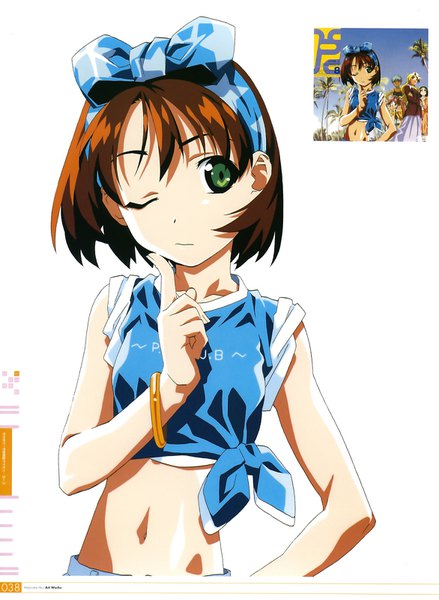Anime picture 1171x1600 with starship girl yamamoto yohko j.c. staff watanabe akio artworks (artbook) yamamoto youko watanabe akio single tall image looking at viewer short hair brown hair white background green eyes signed one eye closed scan copyright name finger to mouth twisty sleeves high contrast girl