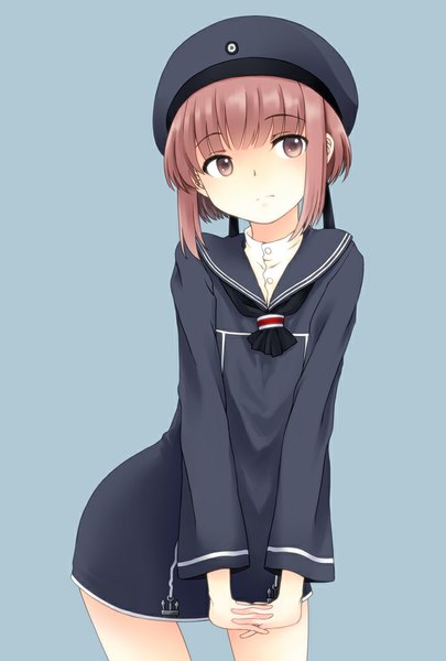 Anime picture 676x1000 with kantai collection z3 destroyer (max schultz) fujii chifumi single tall image blush fringe short hair simple background brown hair brown eyes looking away blue background girl beret