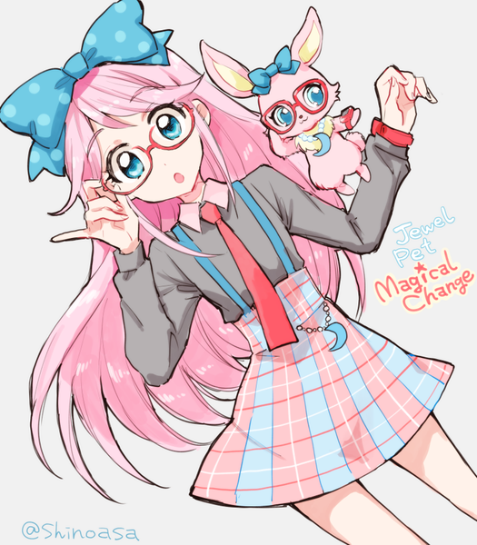 Anime picture 788x900 with jewelpet (series) jewelpet magical change luna (jewelpet) shinoasa long hair tall image looking at viewer blue eyes simple background signed pink hair grey background :o copyright name twitter username plaid skirt dual persona adjusting glasses pinky out girl