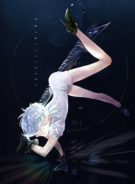 Anime picture 2141x2902 with houseki no kuni antarcticite sugurin single tall image fringe highres short hair looking away silver hair hair over one eye arm support high heels character names silver eyes fighting stance androgynous gloves uniform weapon
