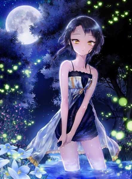 Anime picture 2000x2711 with sword girls sita vilosa den (diorama) single tall image looking at viewer highres short hair black hair yellow eyes night girl dress flower (flowers) plant (plants) tree (trees) water insect moon fireflies