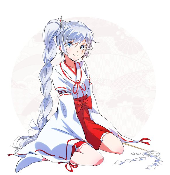Anime picture 1533x1578 with rwby rooster teeth weiss schnee iesupa single long hair tall image looking at viewer blue eyes simple background smile sitting silver hair braid (braids) traditional clothes japanese clothes wide sleeves no shoes single braid side ponytail