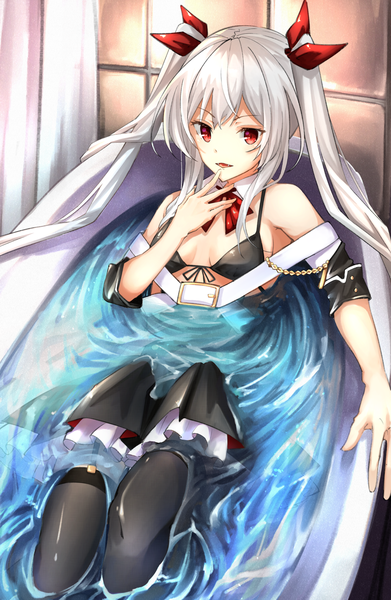 Anime picture 1278x1961 with azur lane vampire (azur lane) rusi single long hair tall image looking at viewer blush fringe breasts light erotic hair between eyes red eyes twintails bare shoulders payot cleavage silver hair indoors fang (fangs)