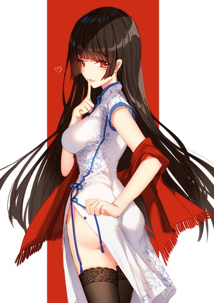 Anime picture 800x1131 with original bison cangshu single long hair tall image looking at viewer blush fringe light erotic black hair red eyes payot ass blunt bangs traditional clothes looking back light smile finger to mouth chinese clothes girl