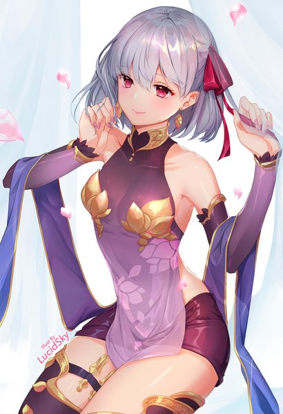 Anime picture 800x1169 with fate (series) fate/grand order kama (fate) lucidsky single tall image looking at viewer blush fringe short hair breasts light erotic simple background smile hair between eyes red eyes white background bare shoulders signed purple hair