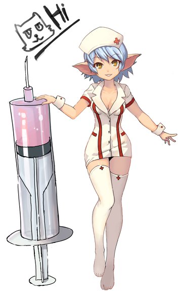 Anime picture 2723x4514 with league of legends tristana (league of legends) bsg4002 single tall image looking at viewer fringe highres short hair breasts light erotic simple background smile white background animal ears yellow eyes blue hair cleavage full body pointy ears