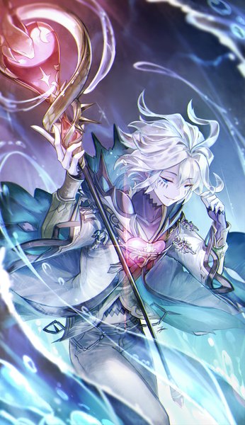 Anime picture 693x1200 with monster strike moses (monster strike) tenyo0819 single tall image fringe short hair blue eyes smile hair between eyes silver hair playing with hair boy water heart staff