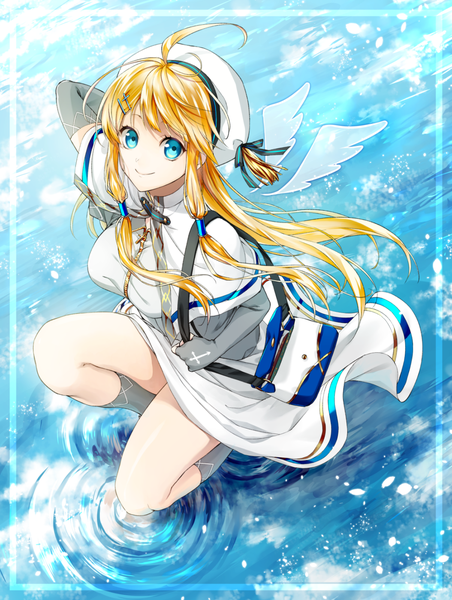 Anime picture 1054x1400 with original tokki single long hair tall image looking at viewer breasts blue eyes blonde hair smile large breasts full body ahoge bent knee (knees) from above arm behind head squat framed tress ribbon ripples