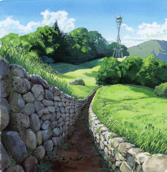 Anime picture 2346x2412 with mononoke hime studio ghibli sakagami umi tall image highres outdoors mountain no people landscape nature plant (plants) tree (trees) building (buildings) grass