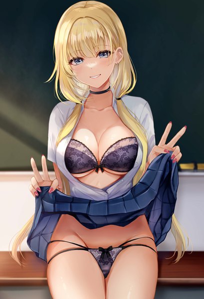 Anime picture 2295x3366 with original maumen single long hair tall image looking at viewer fringe highres breasts light erotic smile large breasts sitting twintails cleavage indoors blunt bangs nail polish parted lips pleated skirt