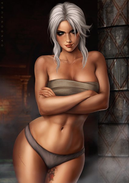 Anime picture 950x1343 with the witcher the witcher 3 wild hunt ciri dandon fuga single tall image blush fringe short hair breasts light erotic large breasts standing bare shoulders green eyes payot looking away cleavage fingernails lips