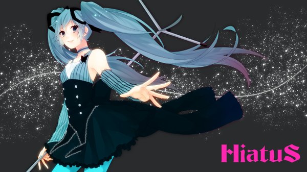 Anime picture 2560x1440 with vocaloid hatsune miku momoiro oji single long hair highres wide image twintails bare shoulders aqua eyes aqua hair striped girl dress ribbon (ribbons) detached sleeves