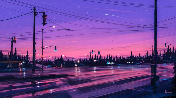 Anime picture 1920x1080 with original aenami highres wide image signed night wallpaper night sky no people scenic crescent street shooting star plant (plants) animal tree (trees) bird (birds) moon star (stars) power lines