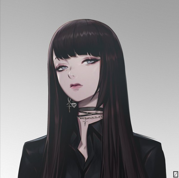 Anime picture 1842x1831 with original paul (shiramune) single long hair looking at viewer fringe highres blue eyes black hair simple background blunt bangs grey background lipstick portrait eyeshadow makeup hime cut girl earrings shirt