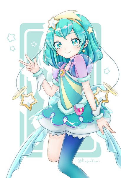 Anime picture 1440x2109 with precure star twinkle precure toei animation hagoromo lala cure milky kujouyami single tall image looking at viewer blush fringe short hair simple background white background signed payot full body aqua eyes pointy ears aqua hair