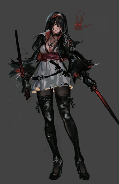 Anime picture 751x1160 with original pixiv fantasia pixiv fantasia fallen kings kishiyo single long hair tall image looking at viewer black hair simple background red eyes holding grey background mole mole under eye dual wielding girl dress gloves weapon