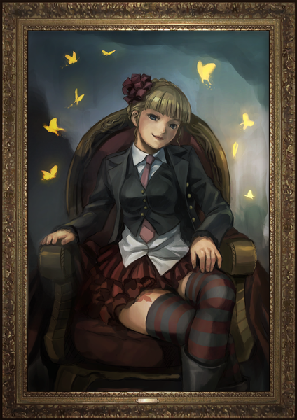 Anime picture 1920x2715 with umineko no naku koro ni beatrice ekusa takahito tall image highres blue eyes blonde hair smile sitting official art portrait framed girl thighhighs skirt miniskirt insect butterfly striped thighhighs chair