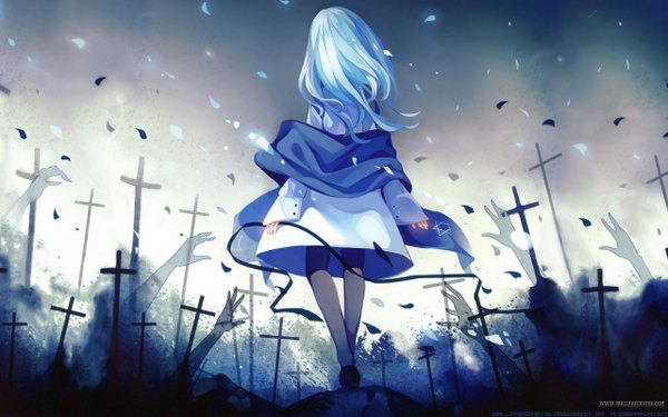 Anime picture 2560x1600 with original tagme (artist) single long hair highres wide image blue hair sky back girl jacket cross blue rose hands
