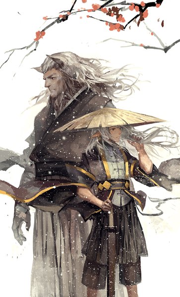 Anime picture 1000x1651 with original pixiv fantasia pixiv fantasia t hanyijie long hair tall image brown eyes animal ears looking away silver hair traditional clothes wind pointy ears multiple boys snowing winter sheathed boy weapon hat
